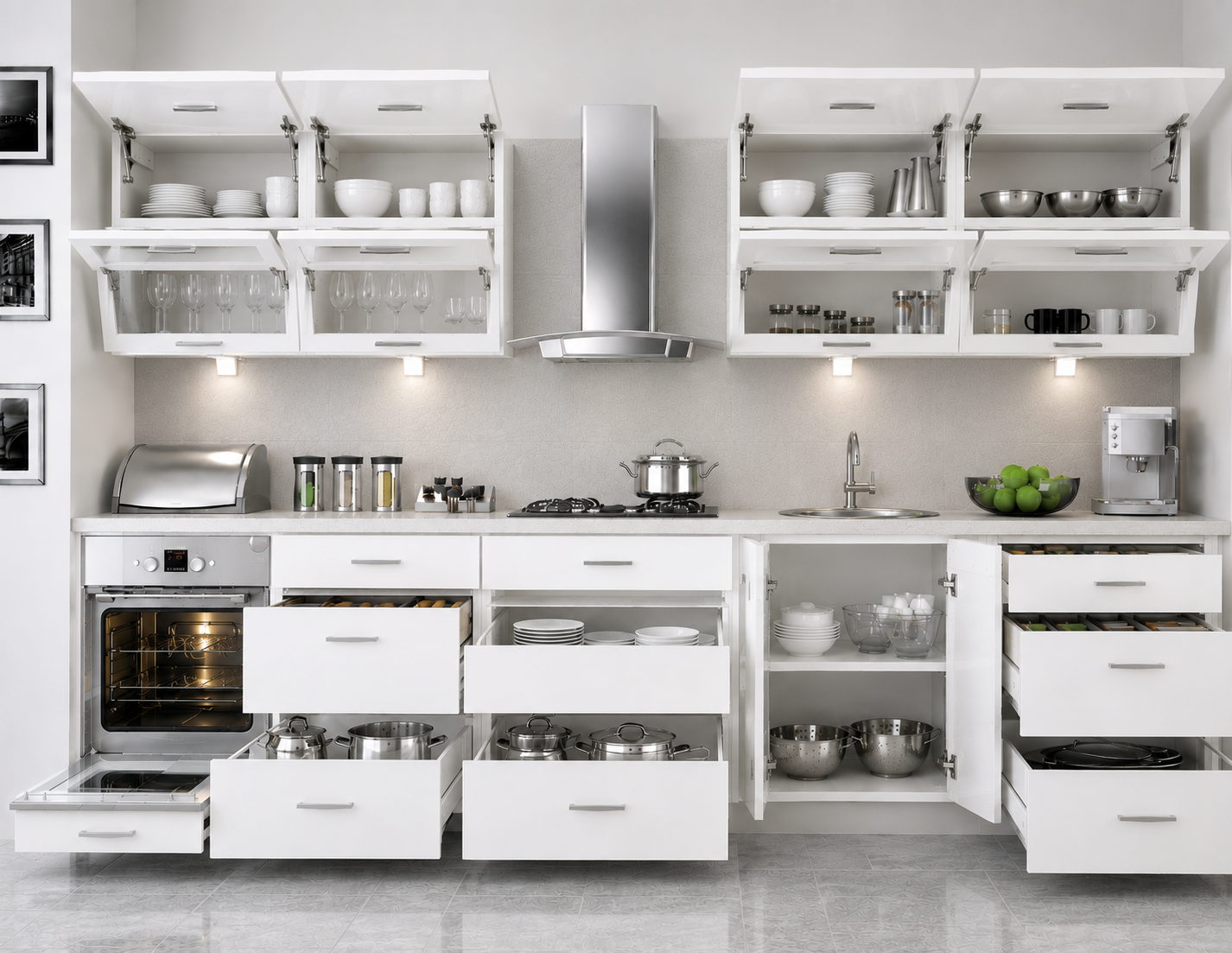 Küchenzeile PL6, 340cm , Front Hochglanz, Soft Close System , mit Arbeitsplatte, Farbe wählbar