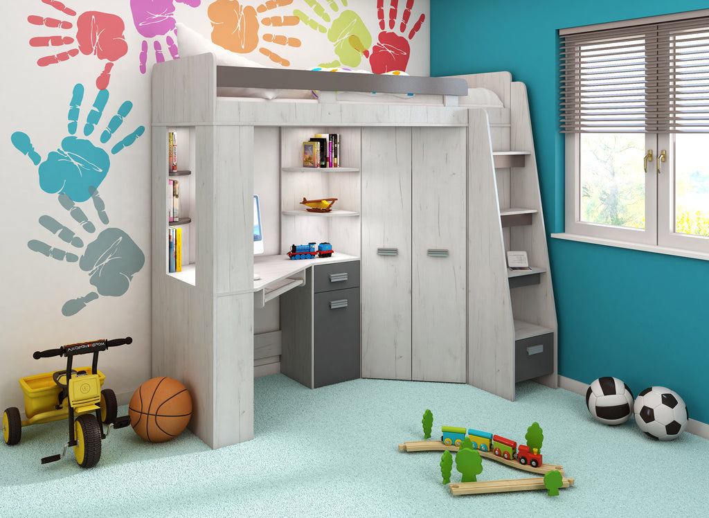 Etagenbett ANT-P mit funktionaler Treppe Rechts, Eckkleiderschrank und Schreibtisch