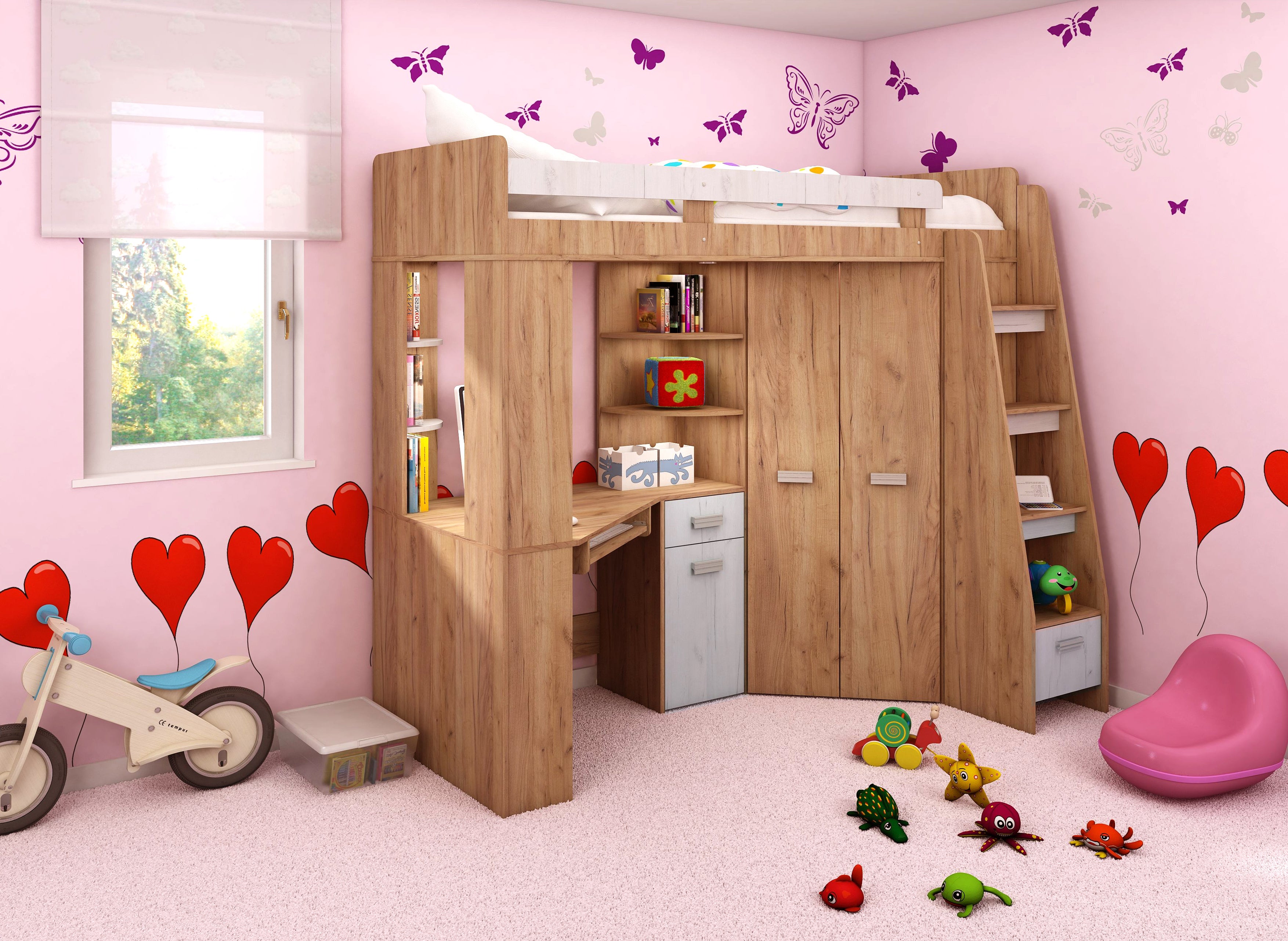 Etagenbett ANT-P mit funktionaler Treppe Rechts, Eckkleiderschrank und Schreibtisch