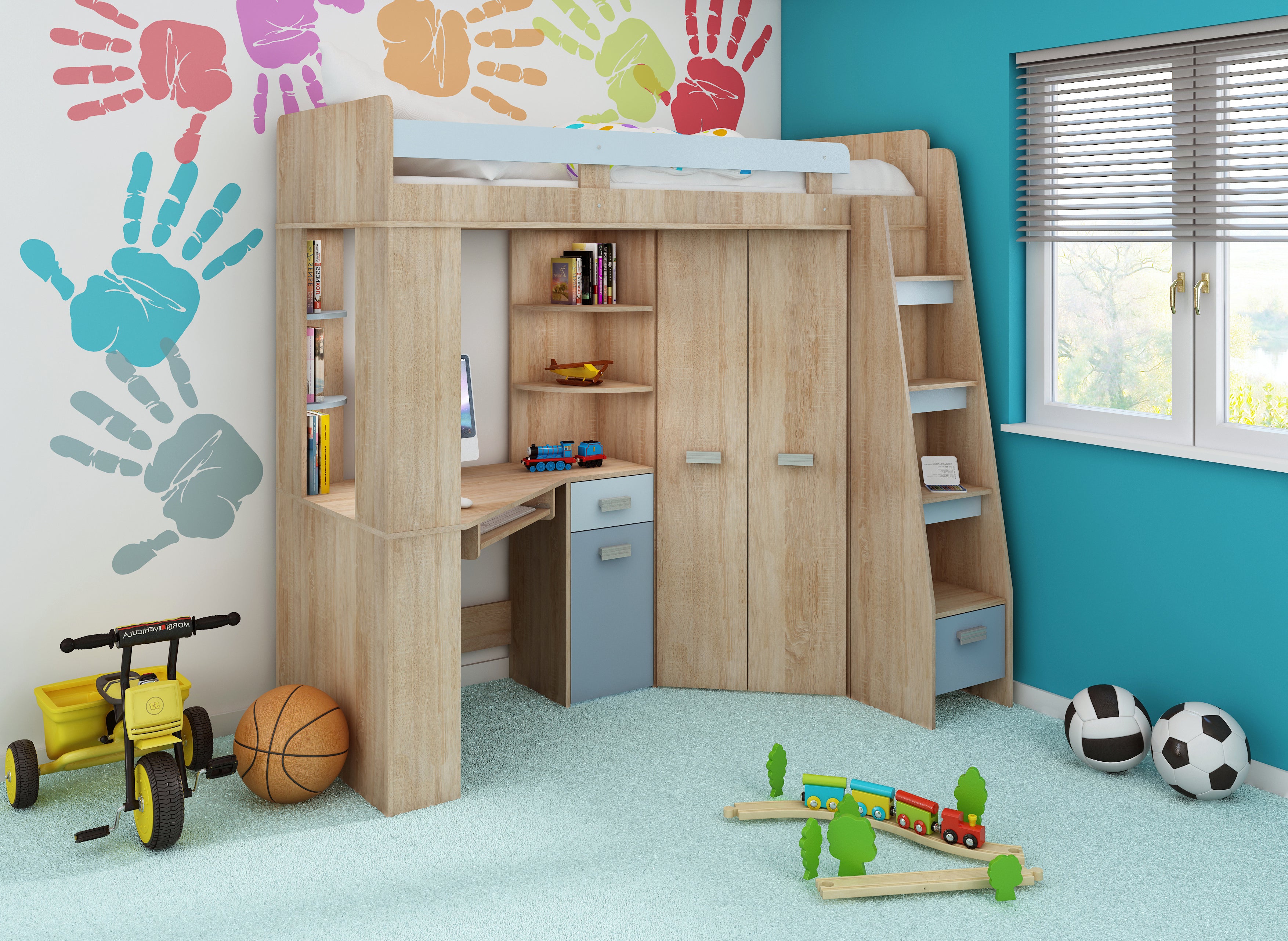 Etagenbett ANT-P mit funktionaler Treppe Rechts, Eckkleiderschrank und Schreibtisch