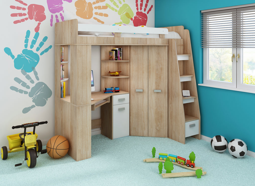 Etagenbett ANT-P mit funktionaler Treppe Rechts, Eckkleiderschrank und Schreibtisch