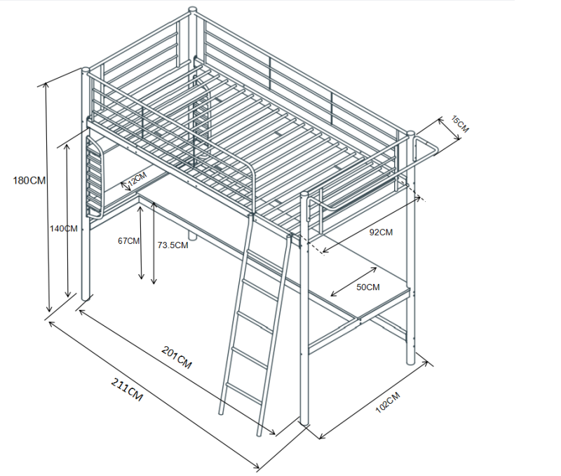 Metallbett LM6, mit Schreibtisch und Organizer, 90x200cm , Farbe Weiß