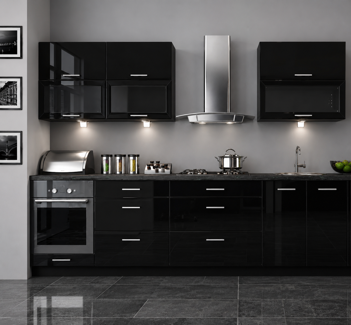 Küchenzeile PL7, 280cm ,Front Hochglanz, Soft Close System, mit Arbeitsplatte, Farbe wählbar