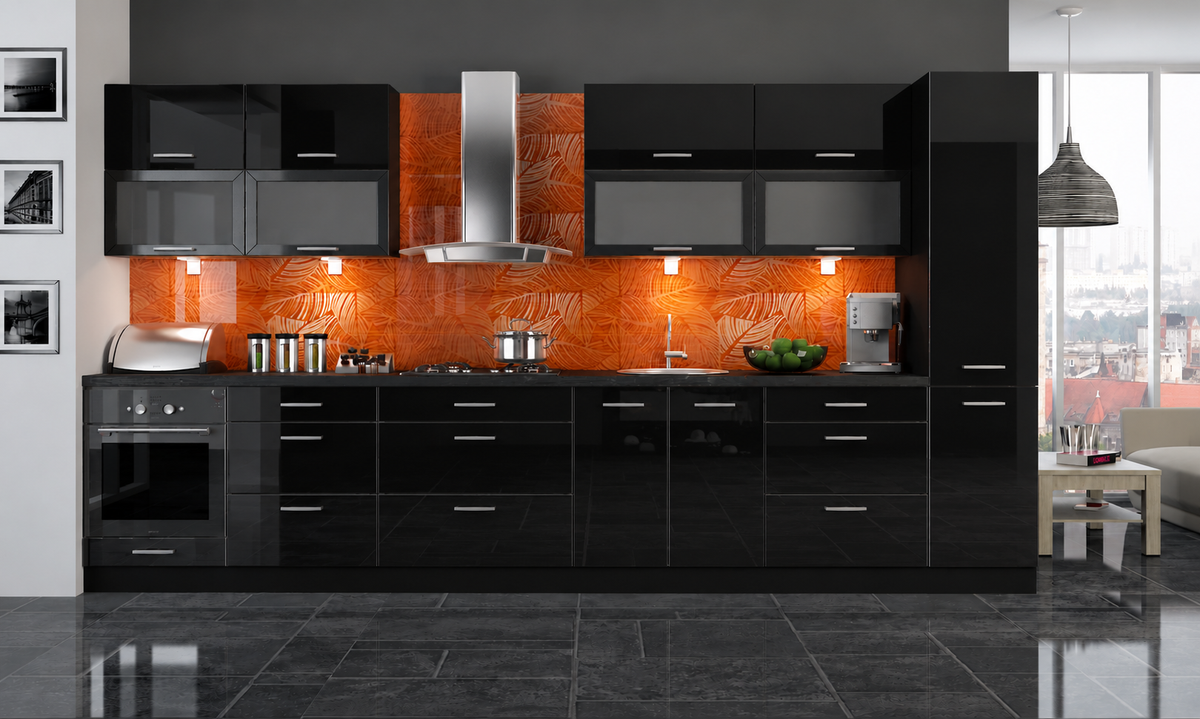 Küchenzeile PL5, 380cm ,Front Hochglanz, Soft Close System, mit Arbeitsplatte, Farbe wählbar