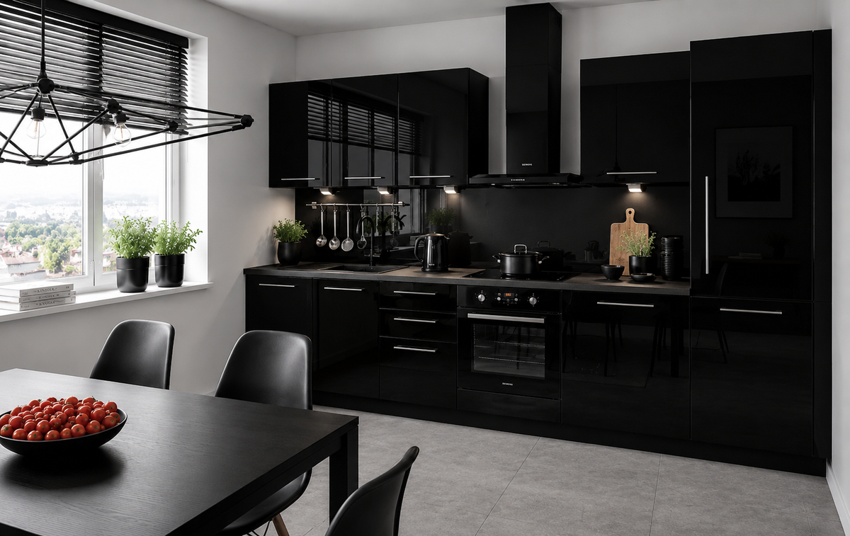 Küchenzeile PL4, Breite 310 cm , mit Arbeitsplatte, Front Hochglanz, Soft Close System, Farbe wählbar
