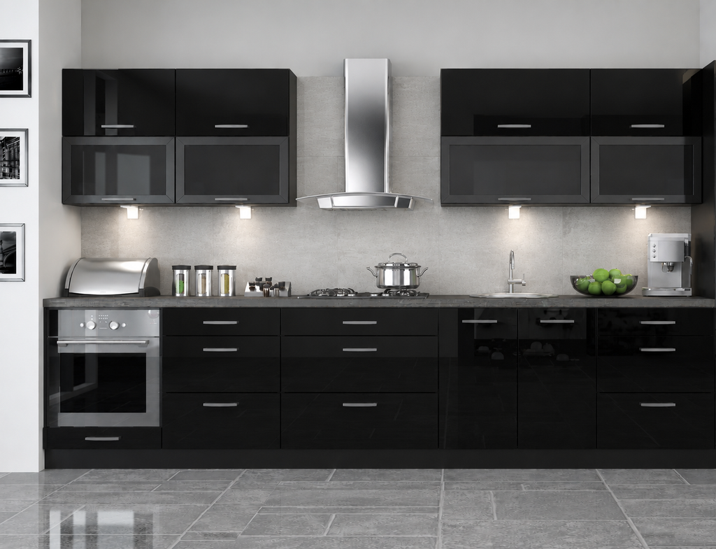 Küchenzeile PL6, 340cm , Front Hochglanz, Soft Close System , mit Arbeitsplatte, Farbe wählbar