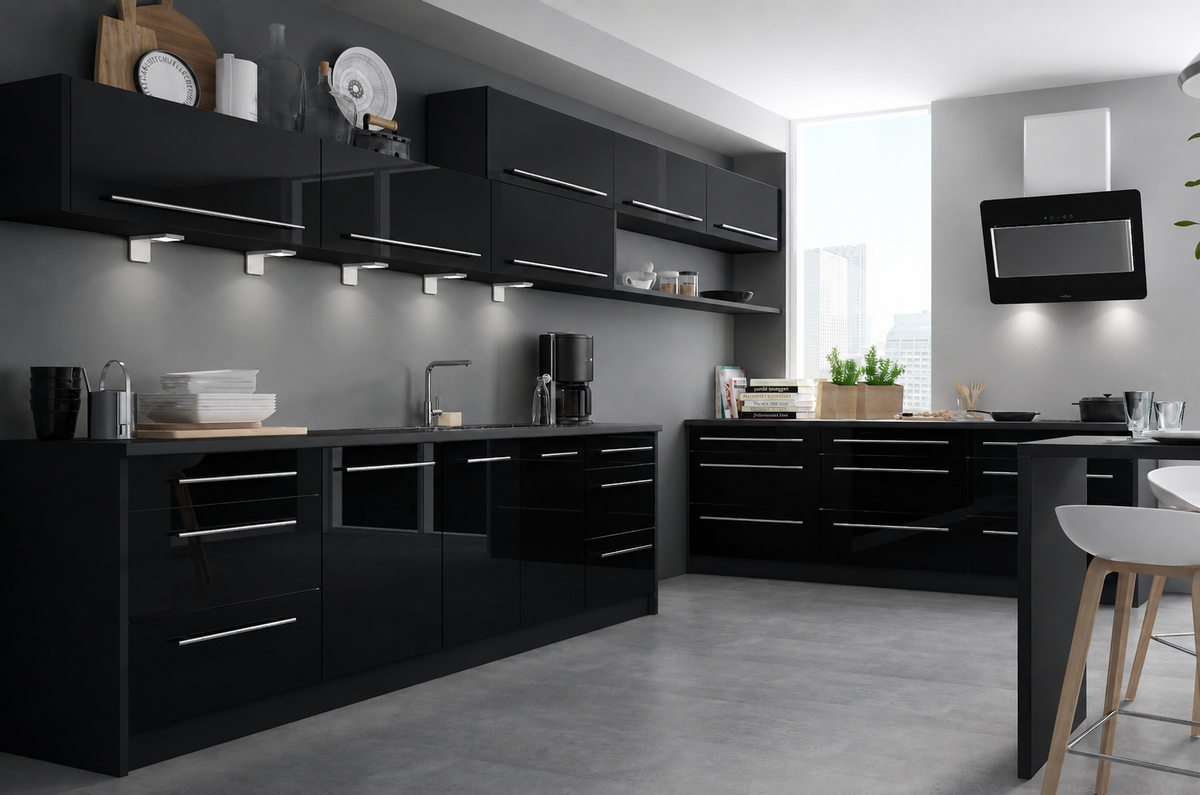 Küchenzeile PL8, Breite 260 + 240cm, Front Hochglanz, Soft Close, mit Arbeitsplatte, Farbe wählbar