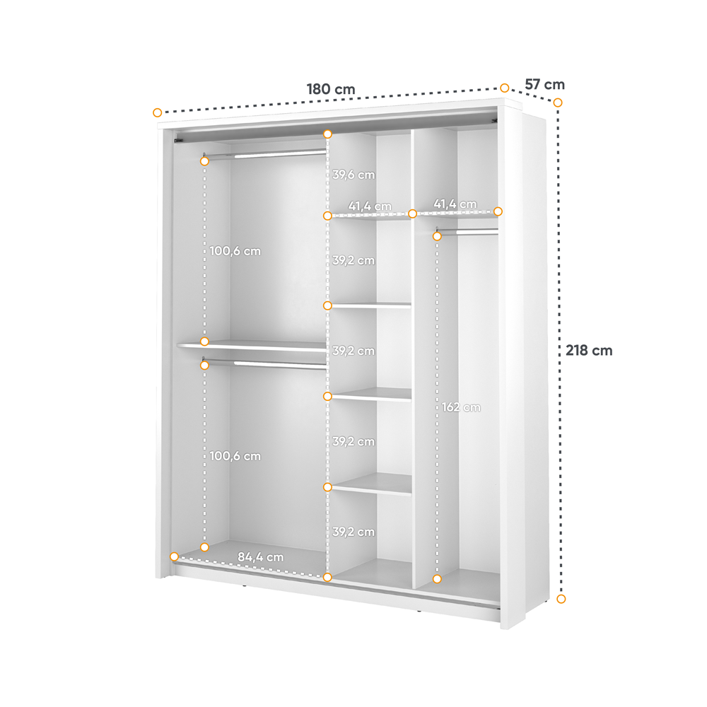 Kleiderschrank A-17, Schwebetürenschrank mit Spiegel. Breite 180 cm. Farbe wählbar