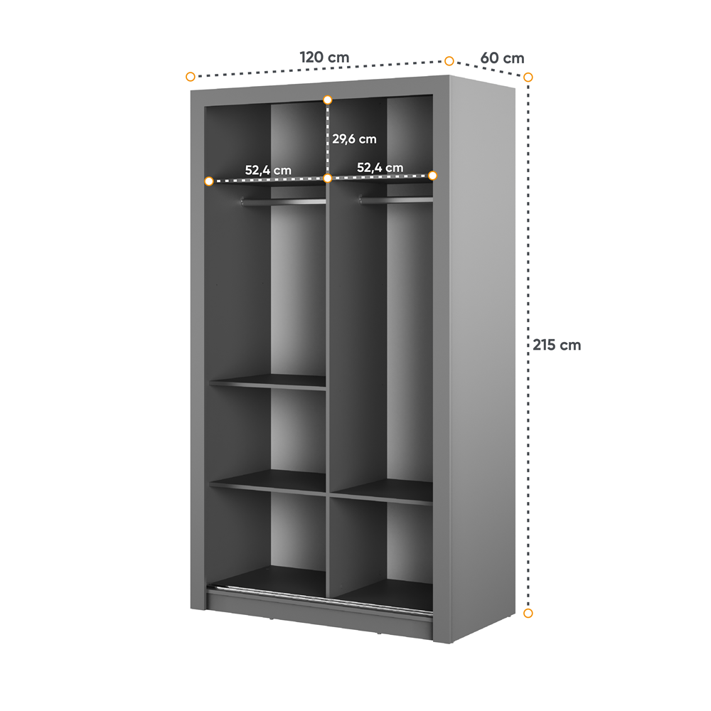 Kleiderschrank A-19, Schwebetürenschrank mit Spiegel. Breite 120 cm. Farbe wählbar