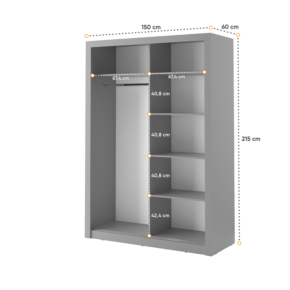 Kleiderschrank A-04, Schwebetürenschrank mit Spiegel. Breite 150 cm. Farbe wählbar