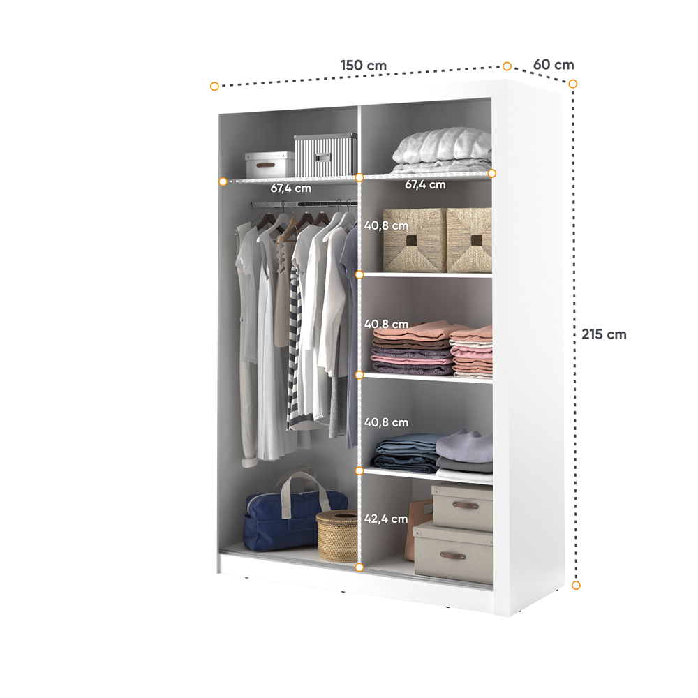 Kleiderschrank A-04, Schwebetürenschrank mit Spiegel. Breite 150 cm. Farbe wählbar