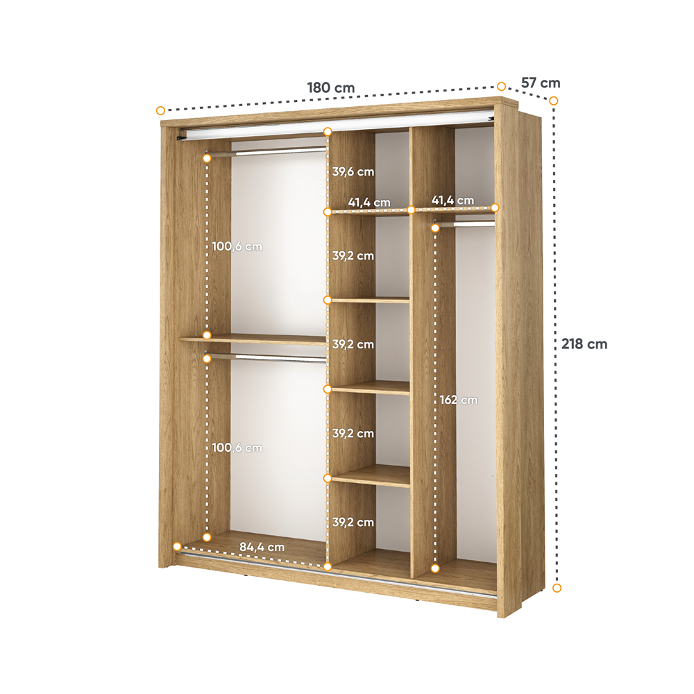Kleiderschrank A-17, Schwebetürenschrank mit Spiegel. Breite 180 cm. Farbe wählbar