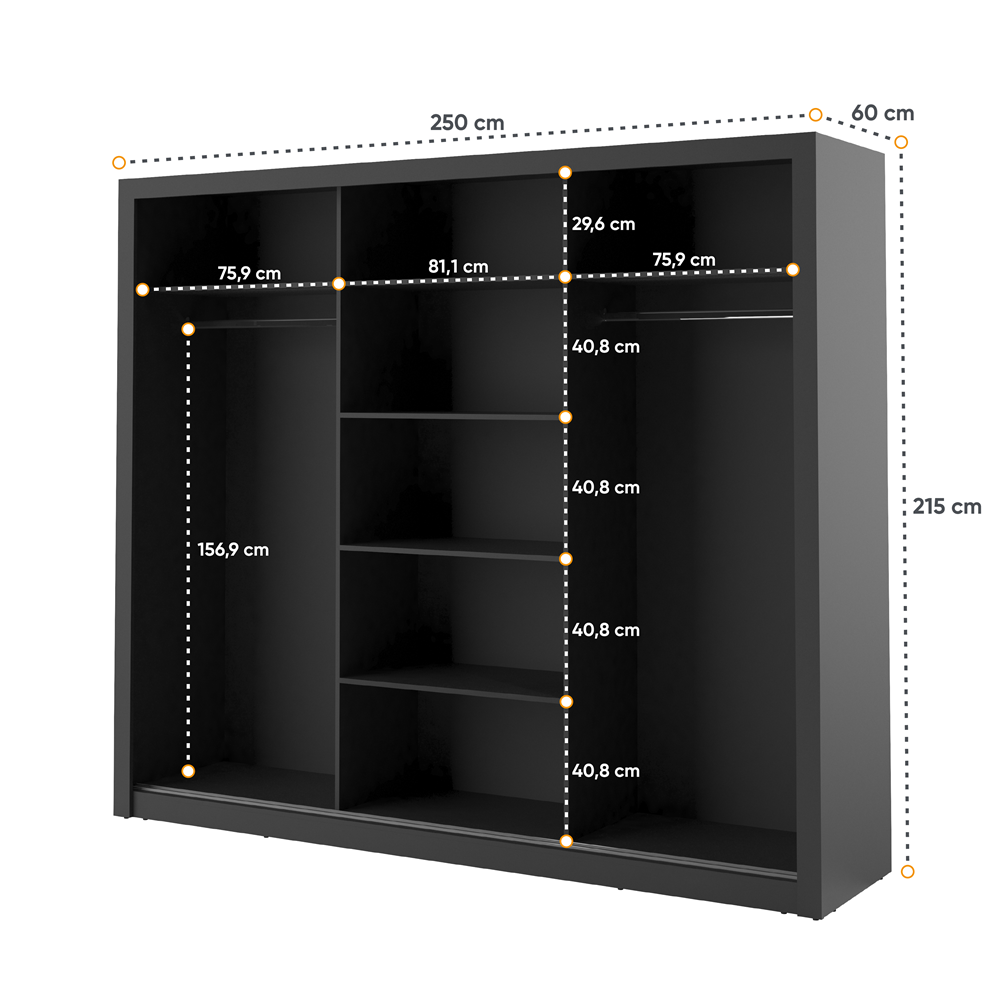 Kleiderschrank A-02, Schwebetürenschrank mit Spiegel. Breite 250 cm. Farbe wählbar