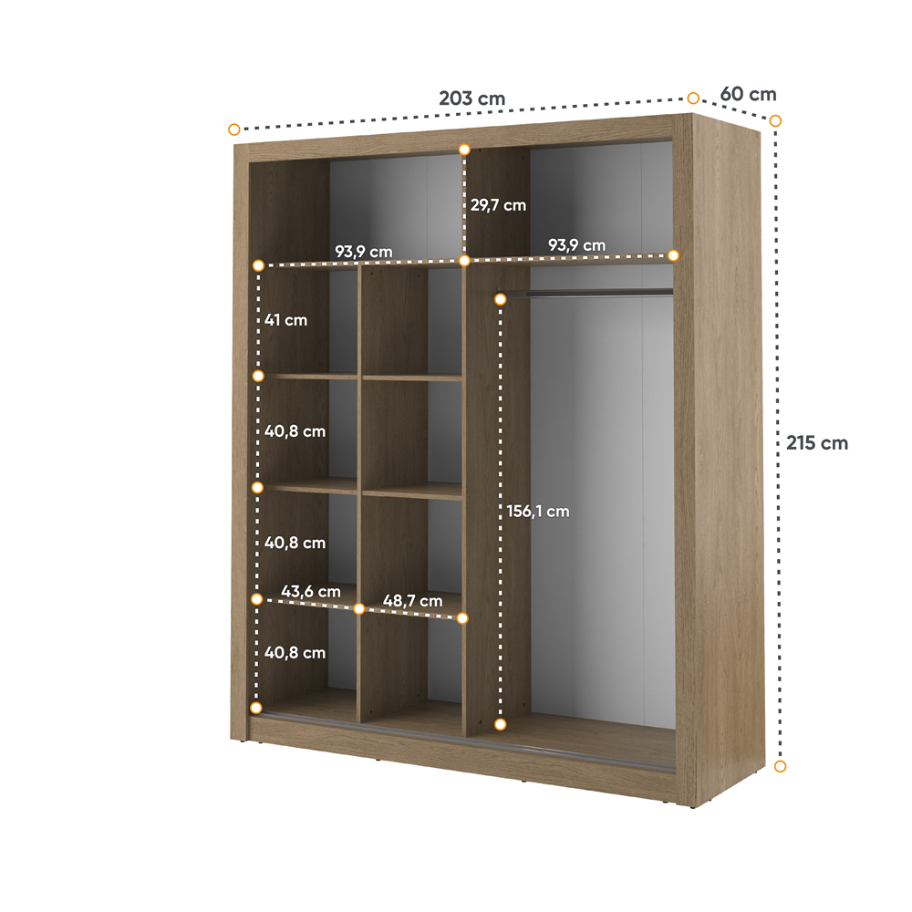 Kleiderschrank A-08, Schwebetürenschrank mit Spiegel. Breite 203 cm. Farbe Shetland