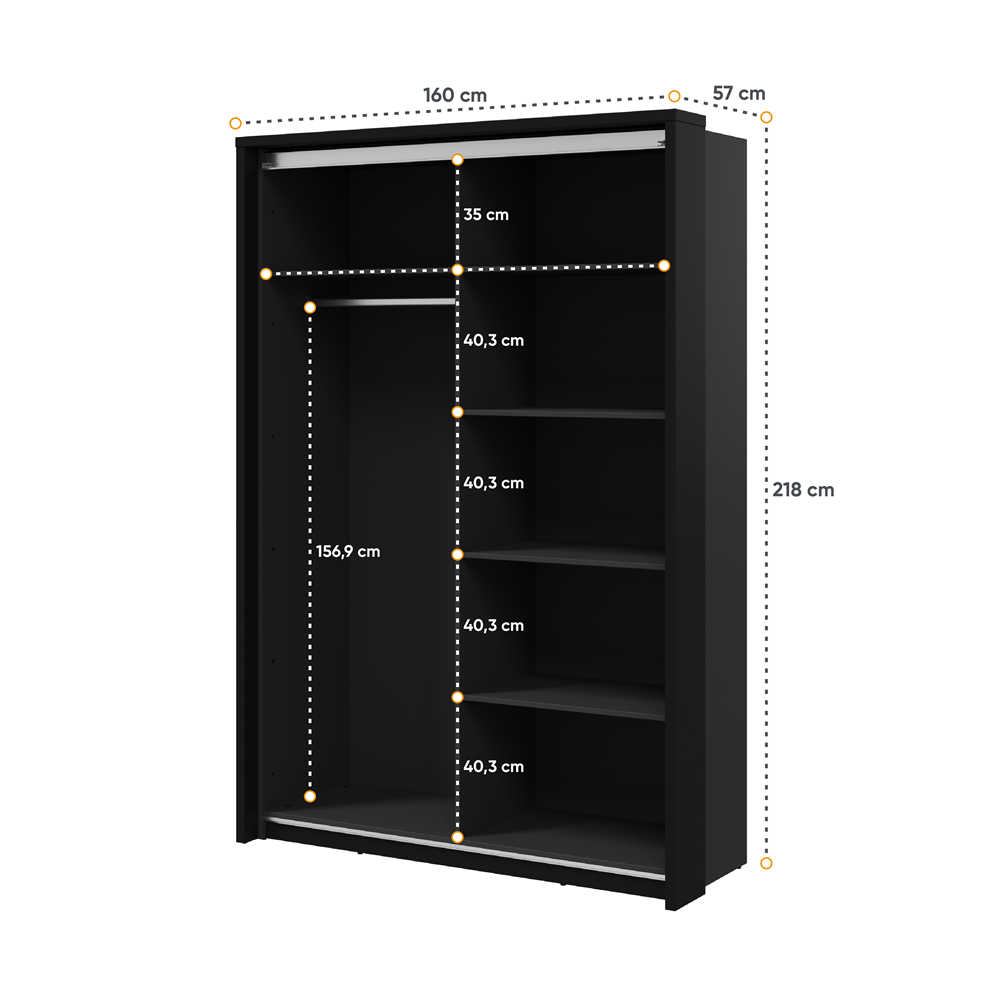Kleiderschrank A-21, mit Spiegel. Breite 160 cm. Farbe Schwarz/Eiche Artisan