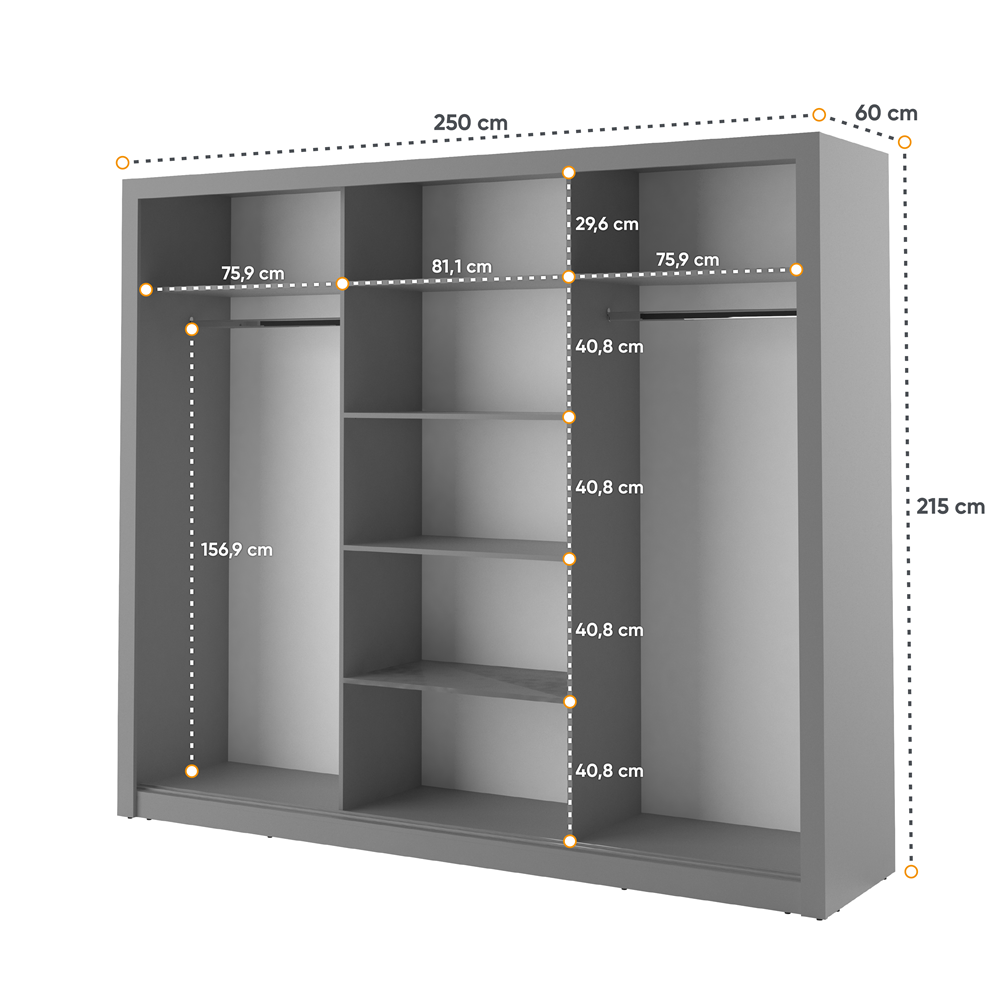 Kleiderschrank A-02, Schwebetürenschrank mit Spiegel. Breite 250 cm. Farbe wählbar