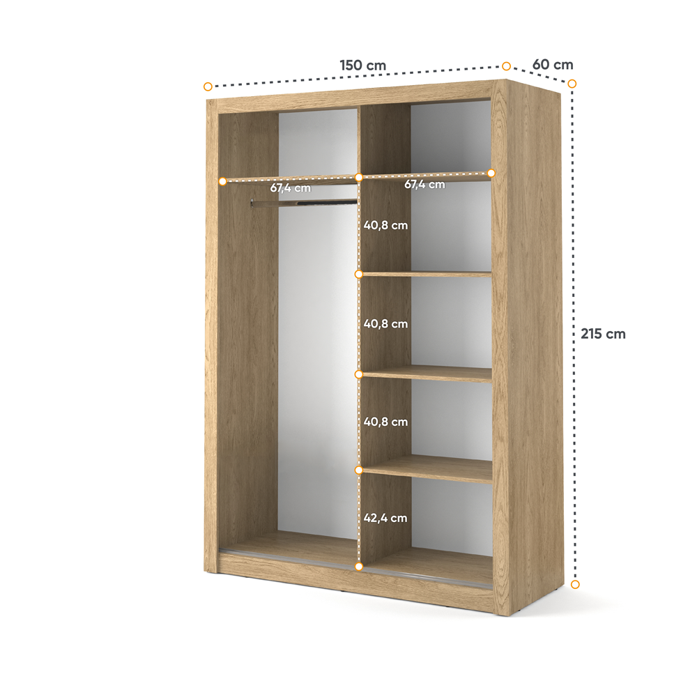 Kleiderschrank A-04, Schwebetürenschrank mit Spiegel. Breite 150 cm. Farbe wählbar
