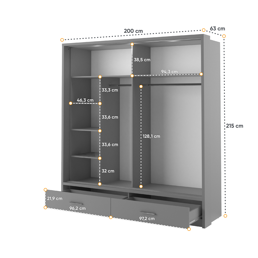 Kleiderschrank A-05, Schwebetürenschrank mit Spiegel, Schubladen , LED. Breite 200cm