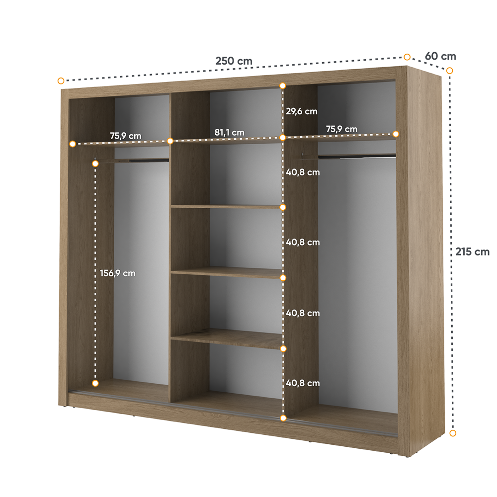 Kleiderschrank A-02, Schwebetürenschrank mit Spiegel. Breite 250 cm. Farbe wählbar