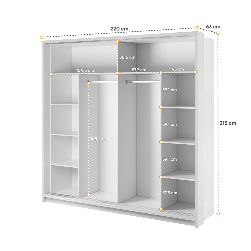 Kleiderschrank A-14, mit Spiegel und LED Beleuchtung . Breite 220. Farbe Weiß Matt