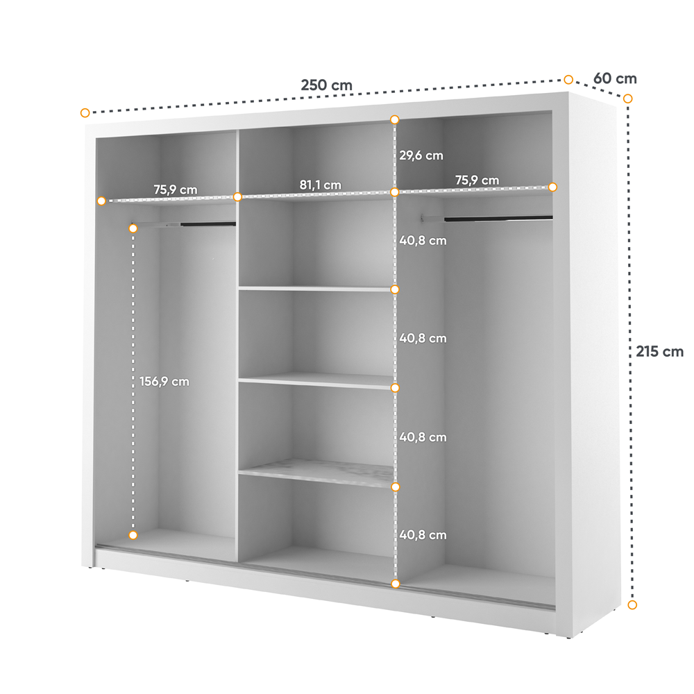 Kleiderschrank A-02, Schwebetürenschrank mit Spiegel. Breite 250 cm. Farbe wählbar