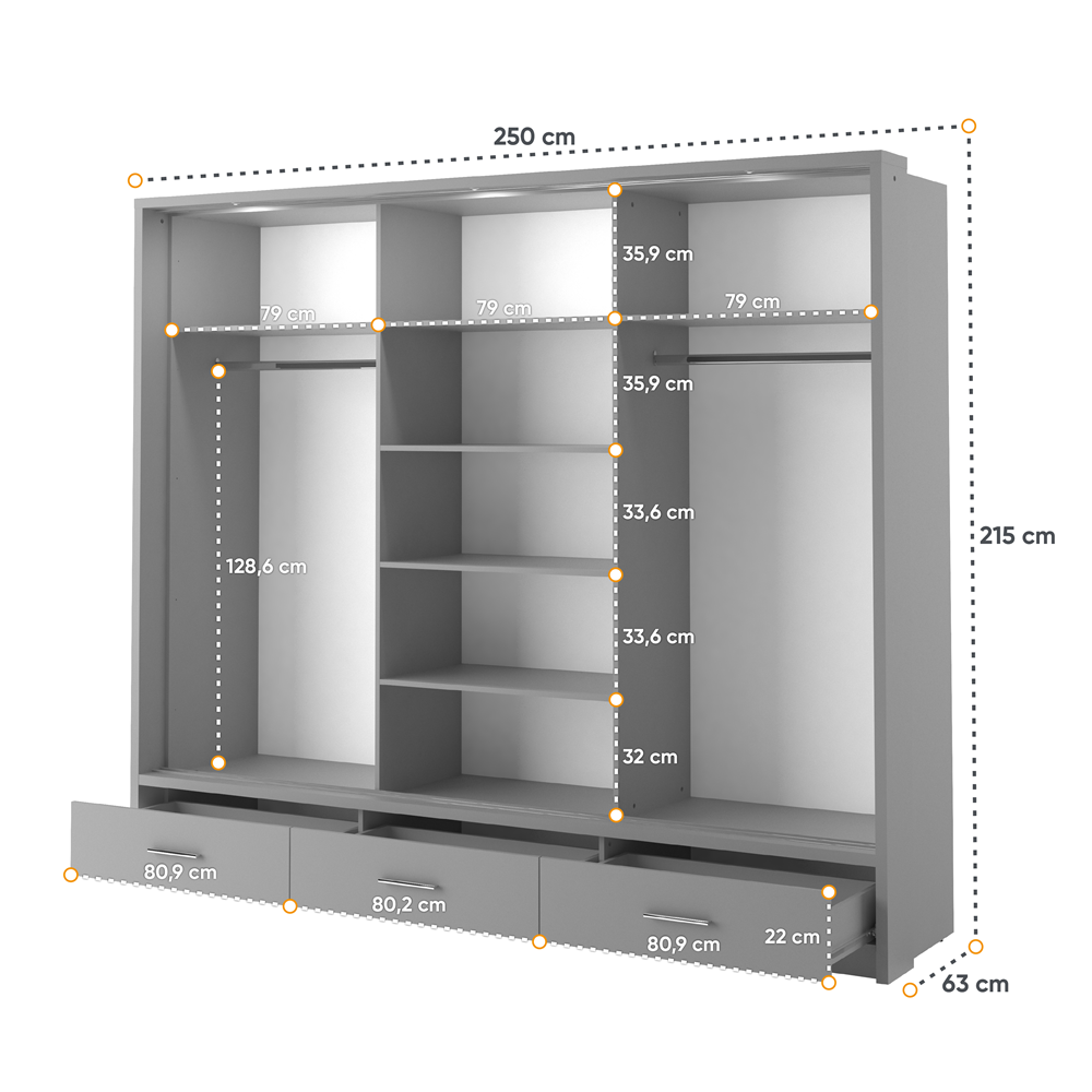 Kleiderschrank A-01-3S, mit Spiegel, LED-Beleuchtung und Schubladen. Farbe wählbar
