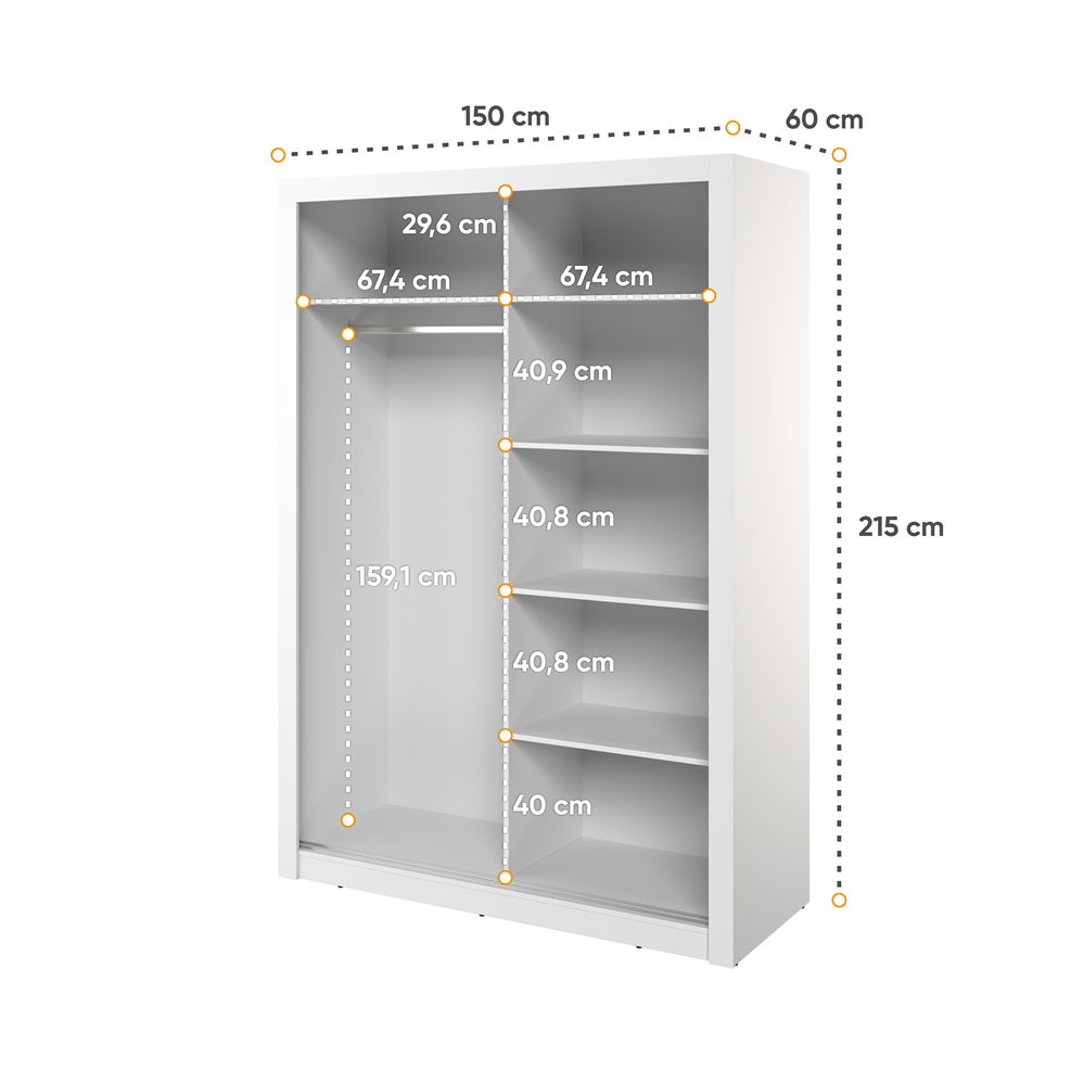 Kleiderschrank , A-18 Schwebetürenschrank mit Spiegel. Breite 150 cm. Farbe wählbar