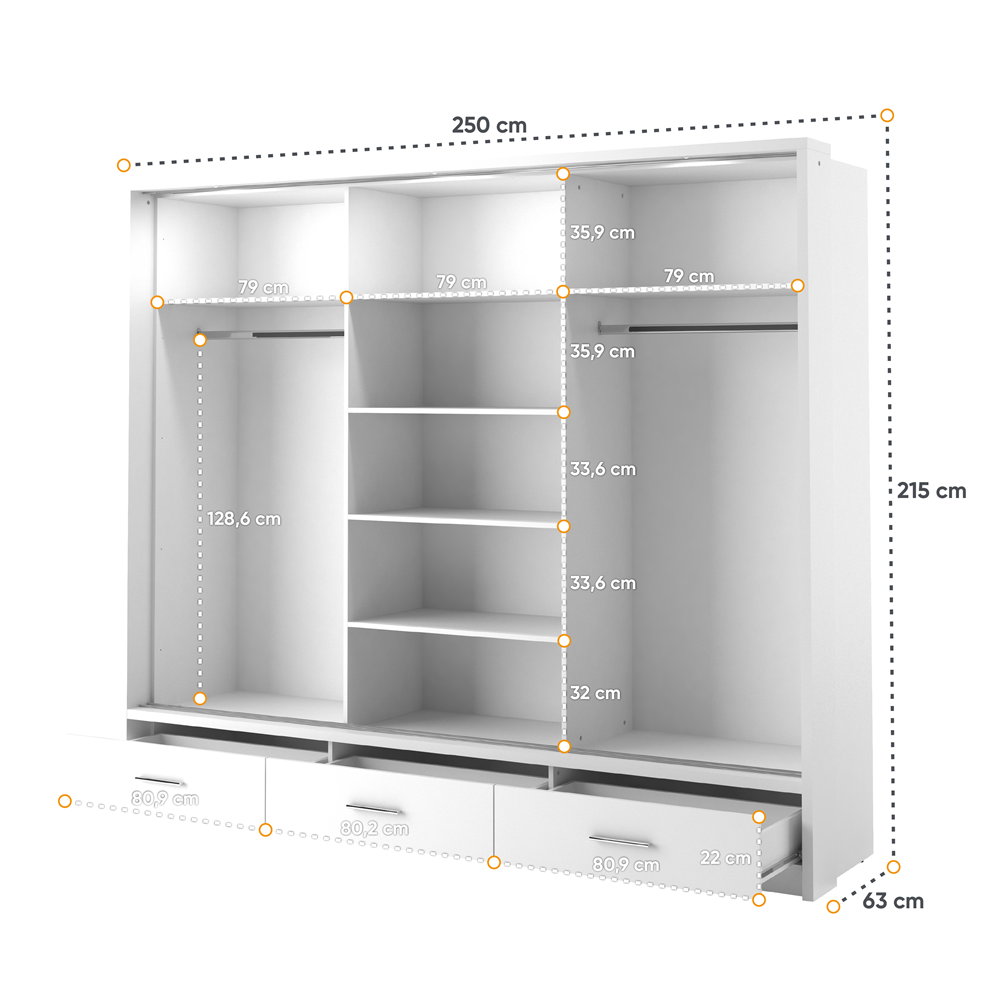 Kleiderschrank A-01-3S, mit Spiegel, LED-Beleuchtung und Schubladen. Farbe wählbar