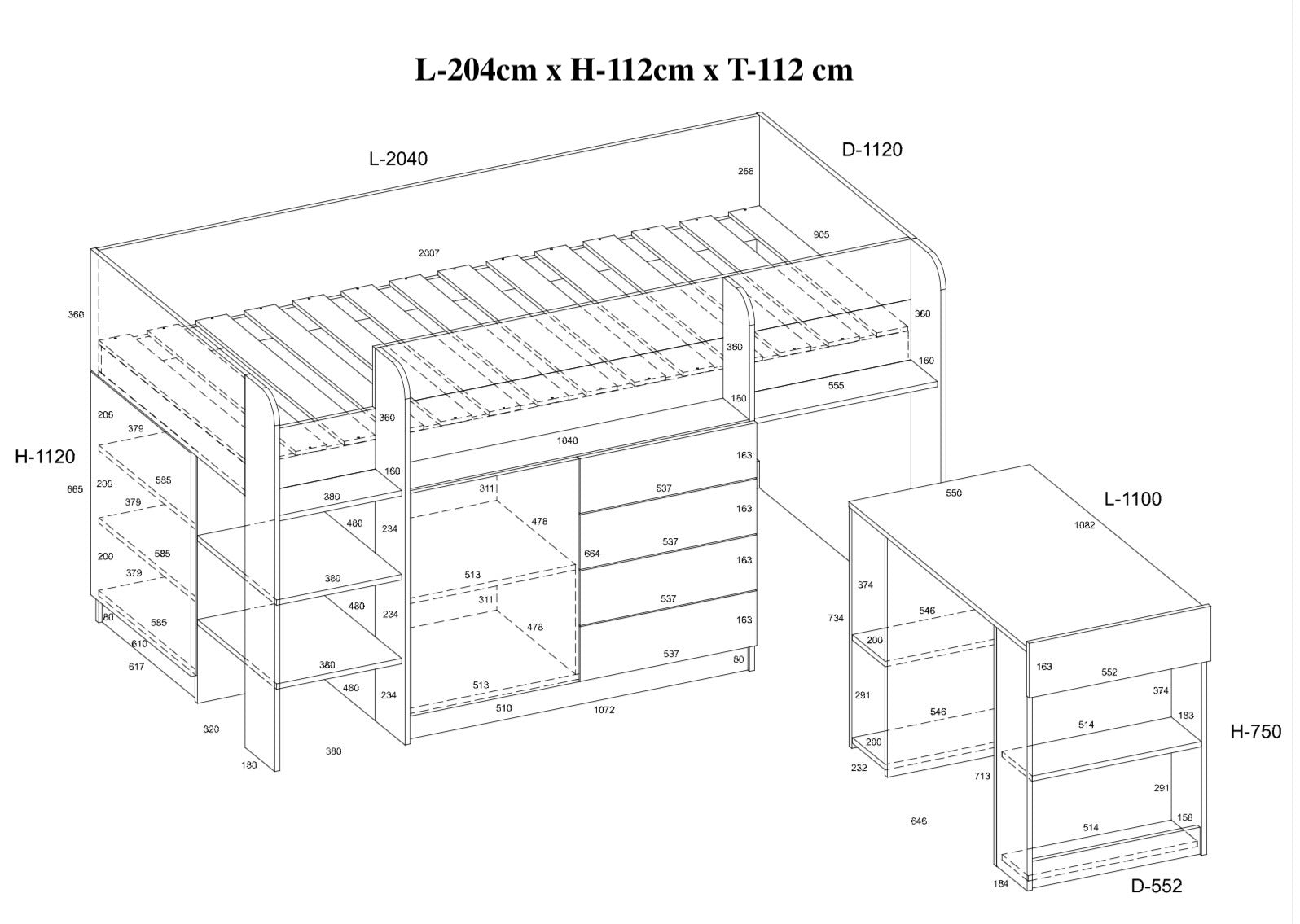Etagenbett SMI-L mit Treppe links, Ausziehbarer Schreibtisch und kleiner Schrank