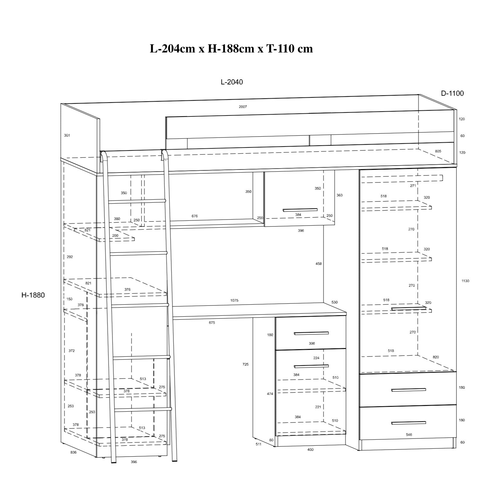 Etagenbett SMY-L mit Leiter links, Kleiderschrank, Schreibtisch und viele Regale