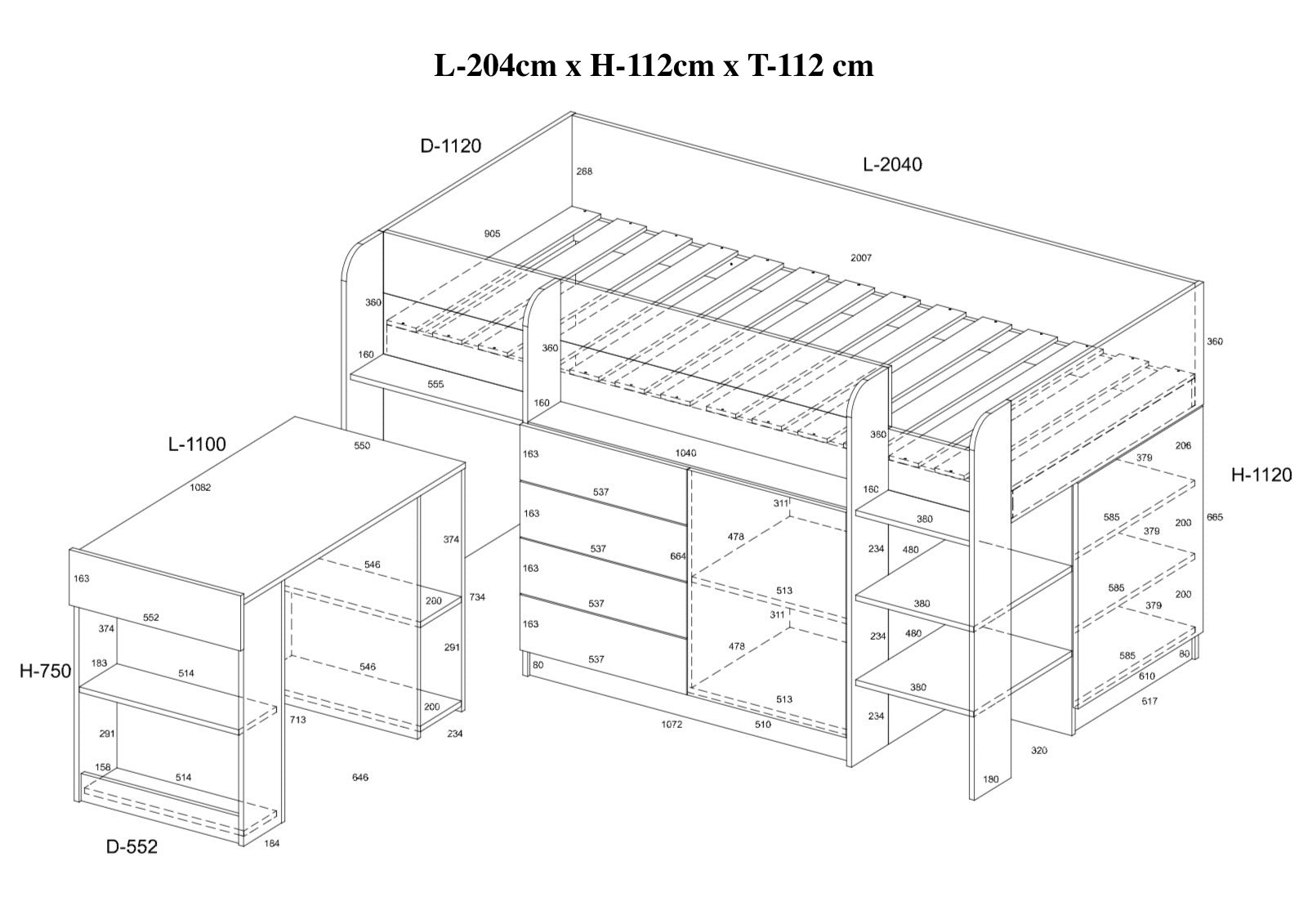 Etagenbett SMI-P mit Treppe rechts, Ausziehbarer Schreibtisch und kleiner Schrank