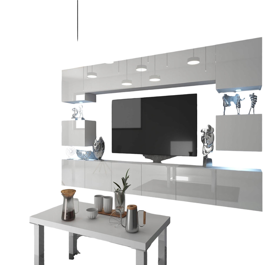 Wohnwand 3 mit LED Beleuchtung, Ohne Griffe. Breite 300 cm, Frontfarbe wählbar