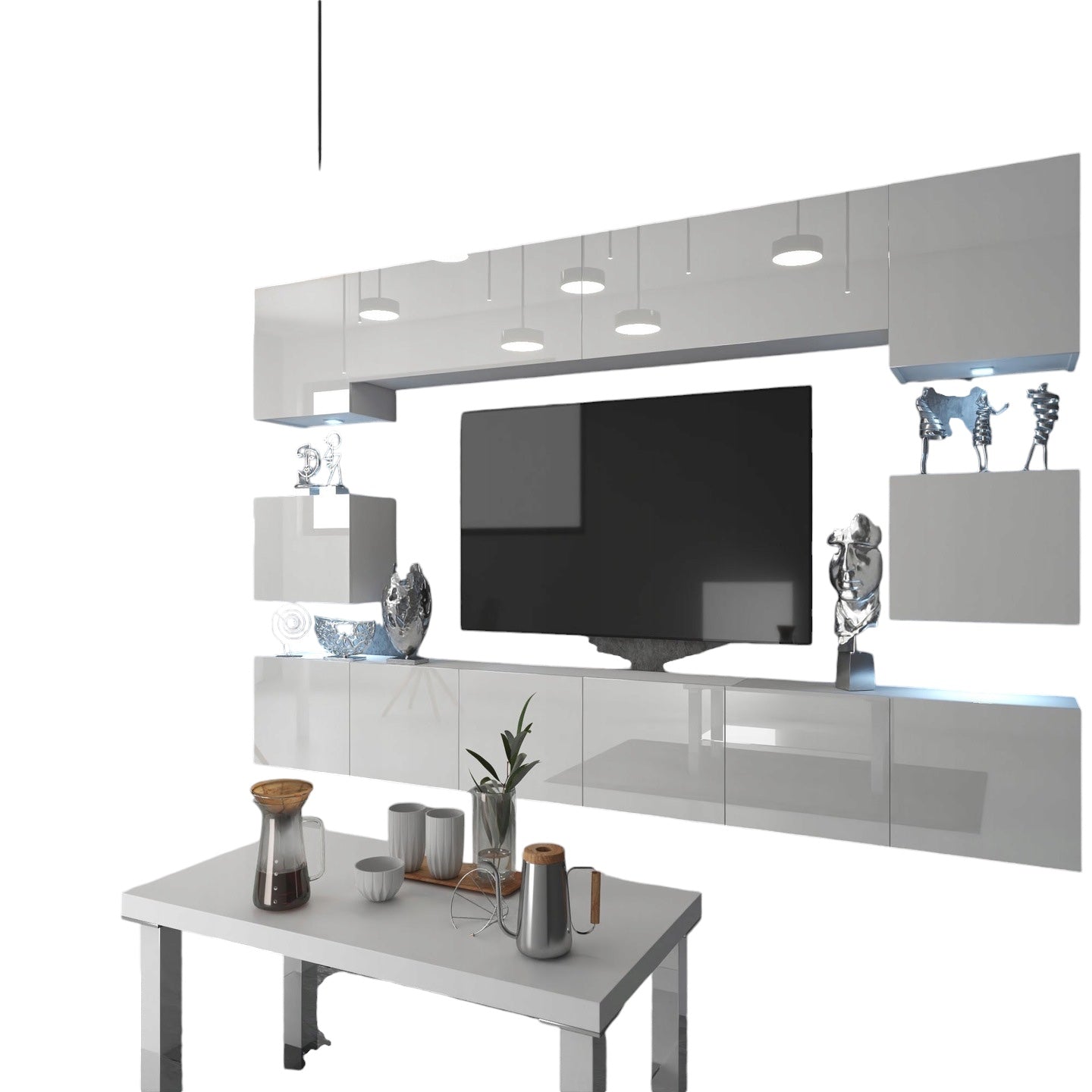 Wohnwand 3 mit LED Beleuchtung, Ohne Griffe. Breite 300 cm, Frontfarbe wählbar