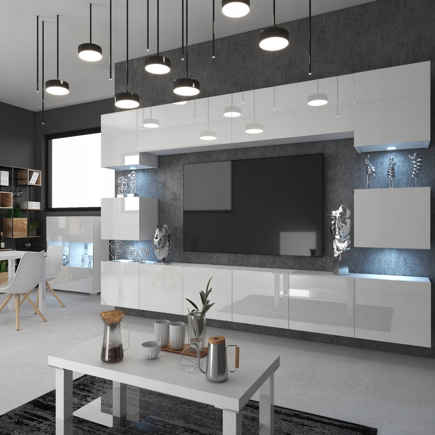 Wohnwand 3 mit LED Beleuchtung, Ohne Griffe. Breite 300 cm, Frontfarbe wählbar