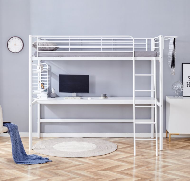 Metallbett LM6, mit Schreibtisch und Organizer, 90x200cm , Farbe Weiß