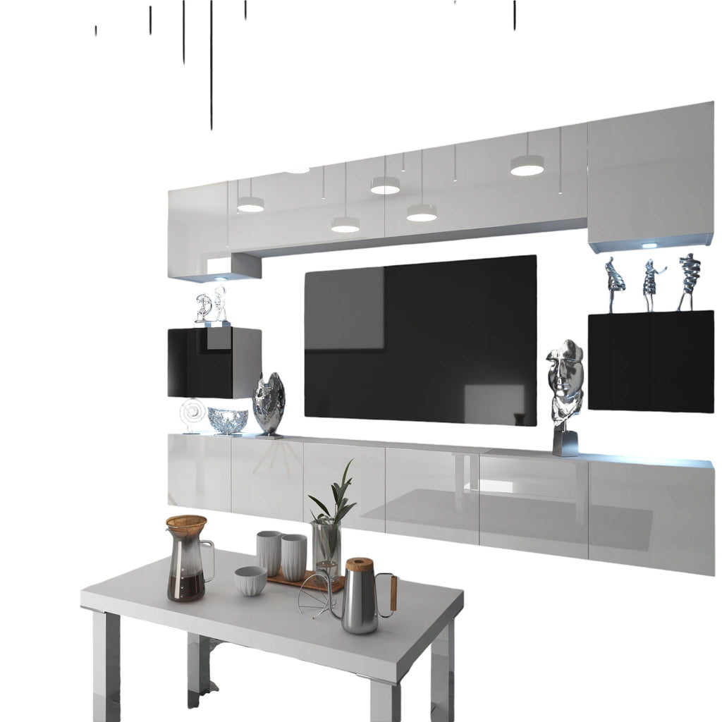 Wohnwand 3 mit LED Beleuchtung, Ohne Griffe. Breite 300 cm, Frontfarbe wählbar