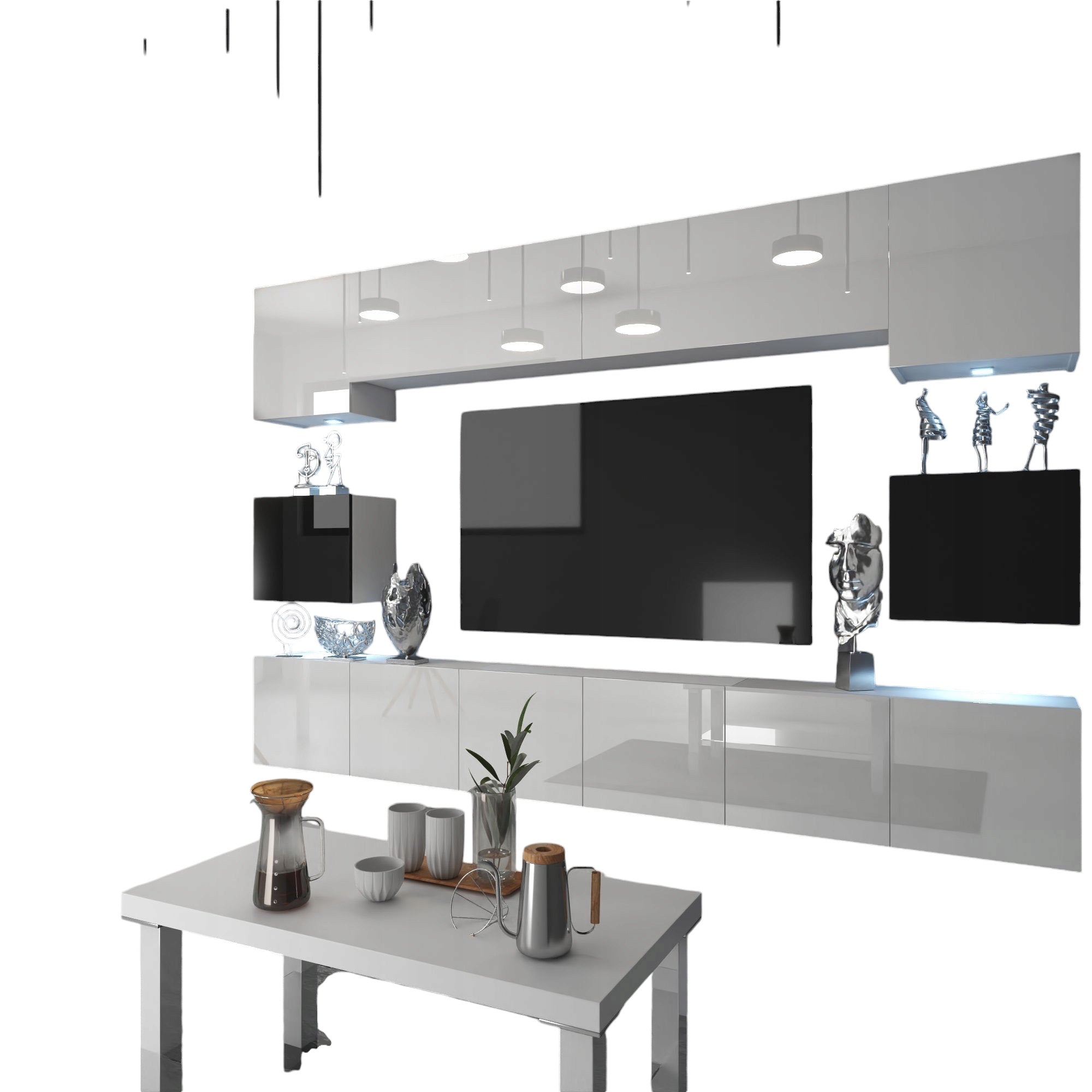 Wohnwand 3 mit LED Beleuchtung, Ohne Griffe. Breite 300 cm, Frontfarbe wählbar