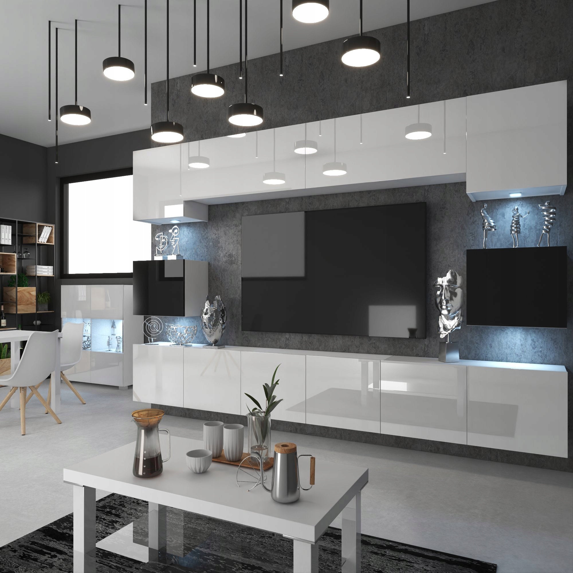 Wohnwand 3 mit LED Beleuchtung, Ohne Griffe. Breite 300 cm, Frontfarbe wählbar