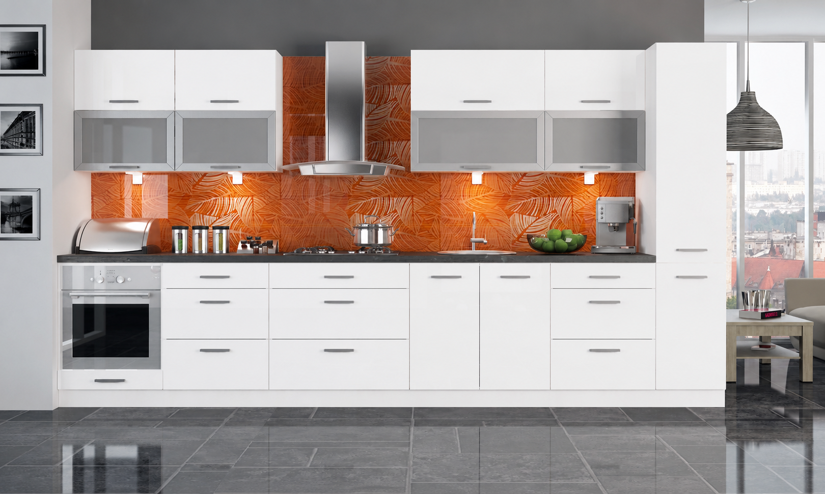 Küchenzeile PL5, 380cm ,Front Hochglanz, Soft Close System, mit Arbeitsplatte, Farbe wählbar