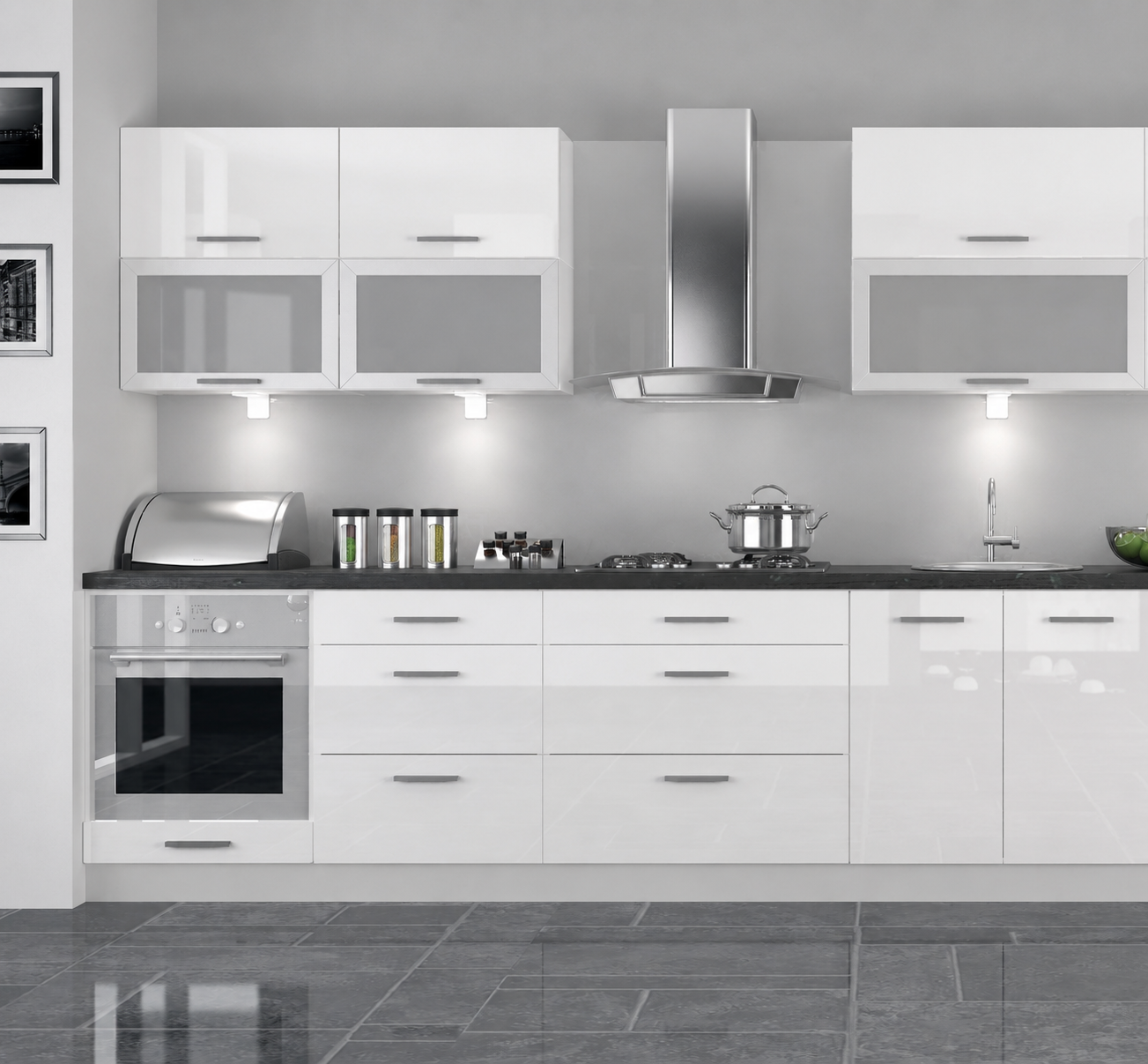 Küchenzeile PL7, 280cm ,Front Hochglanz, Soft Close System, mit Arbeitsplatte, Farbe wählbar