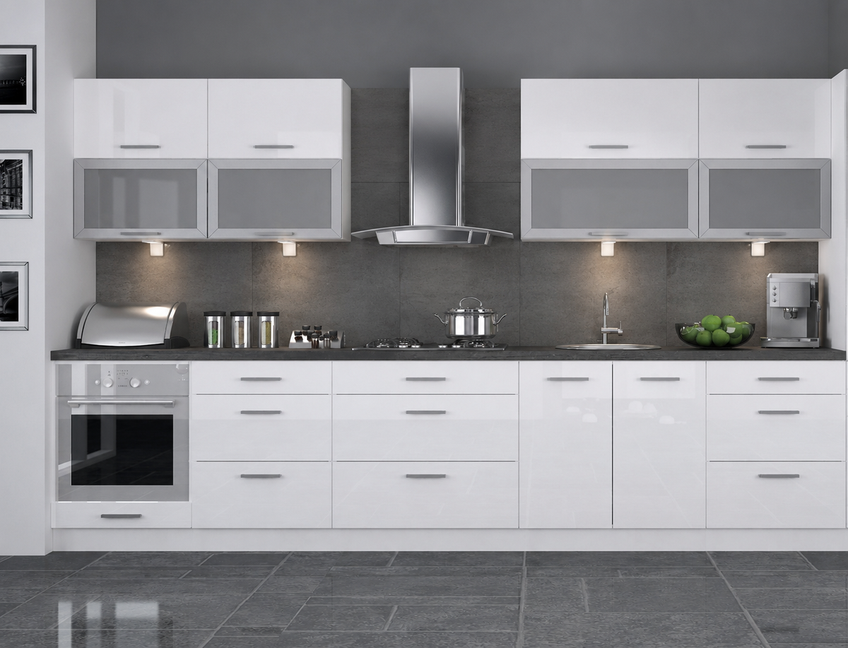 Küchenzeile PL6, 340cm , Front Hochglanz, Soft Close System , mit Arbeitsplatte, Farbe wählbar