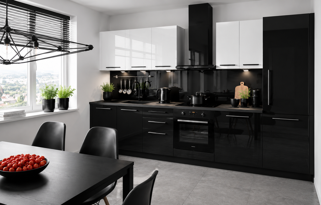 Küchenzeile PL4, Breite 310 cm , mit Arbeitsplatte, Front Hochglanz, Soft Close System, Farbe wählbar