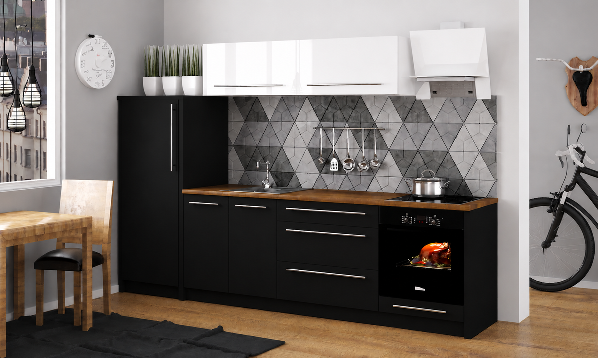 Küchenzeile PL2, Breite 240 cm , mit Arbeitsplatte, Front Hochglanz, Soft Close System, Farbe wählbar